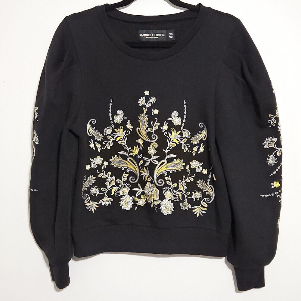Gabrielle Union Sweatshirt XS Embroidered Long Sleeves Black Floral Paisley Boho